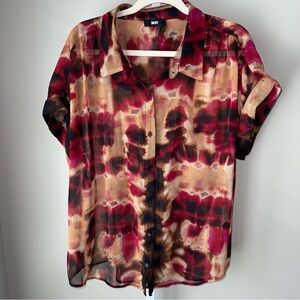 DKNY Women's Red and Black Tie-Dye Button Down Shirt